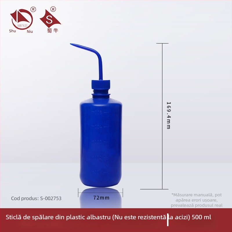 Sticlă de spălat din plastic cu robinet curbat și conductă laterală, sticlă de laborator 250/500/1000 ml