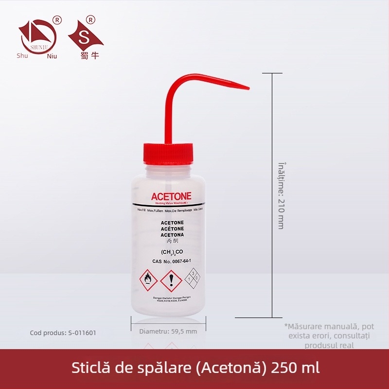 Sticlă de spălat din plastic cu robinet curbat și conductă laterală, sticlă de laborator 250/500/1000 ml