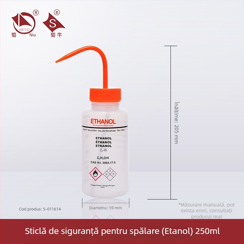Sticlă de spălat din plastic cu robinet curbat și conductă laterală, sticlă de laborator 250/500/1000 ml