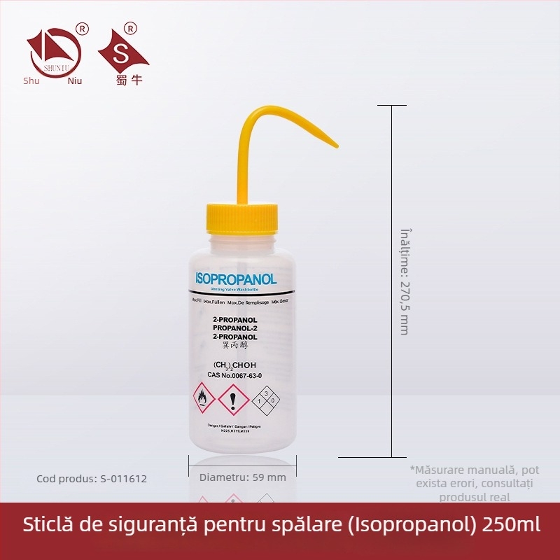 Sticlă de spălat din plastic cu robinet curbat și conductă laterală, sticlă de laborator 250/500/1000 ml