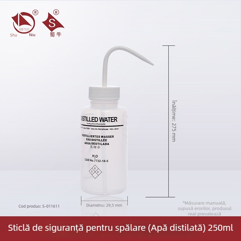 Sticlă de spălat din plastic cu robinet curbat și conductă laterală, sticlă de laborator 250/500/1000 ml
