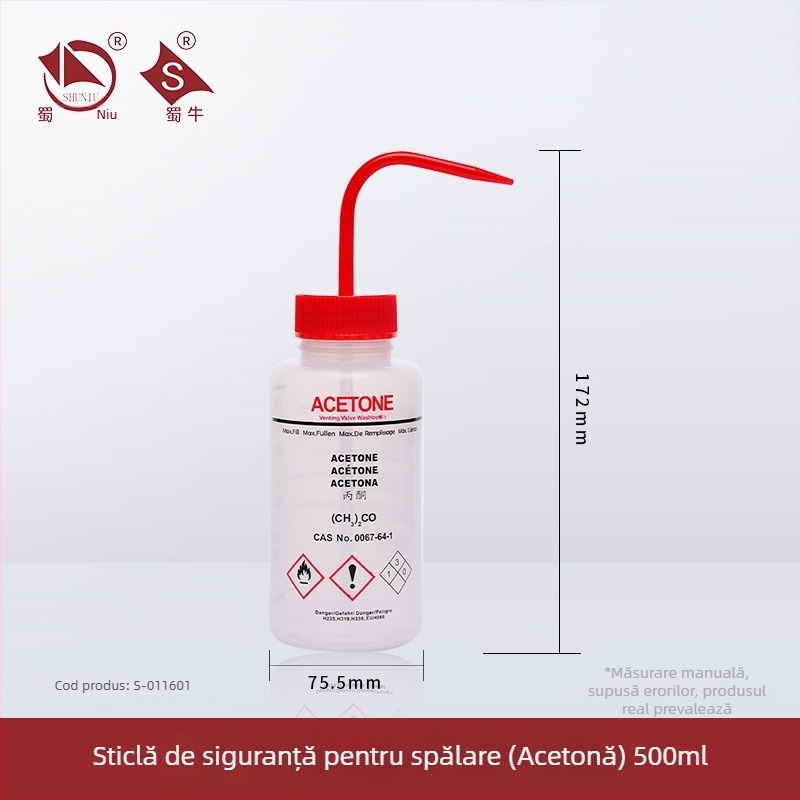 Sticlă de spălat din plastic cu robinet curbat și conductă laterală, sticlă de laborator 250/500/1000 ml