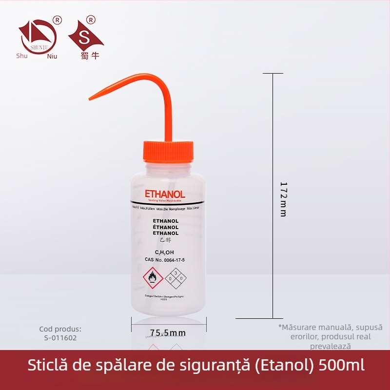 Sticlă de spălat din plastic cu robinet curbat și conductă laterală, sticlă de laborator 250/500/1000 ml