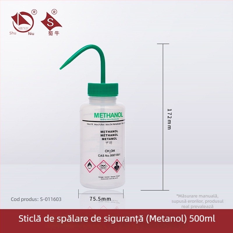 Sticlă de spălat din plastic cu robinet curbat și conductă laterală, sticlă de laborator 250/500/1000 ml