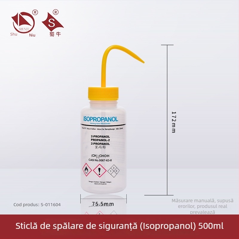 Sticlă de spălat din plastic cu robinet curbat și conductă laterală, sticlă de laborator 250/500/1000 ml