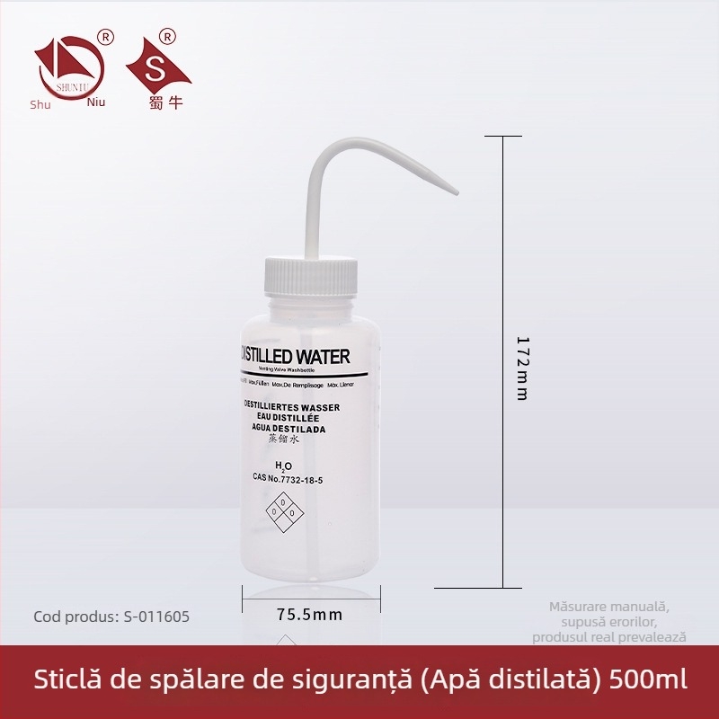 Sticlă de spălat din plastic cu robinet curbat și conductă laterală, sticlă de laborator 250/500/1000 ml