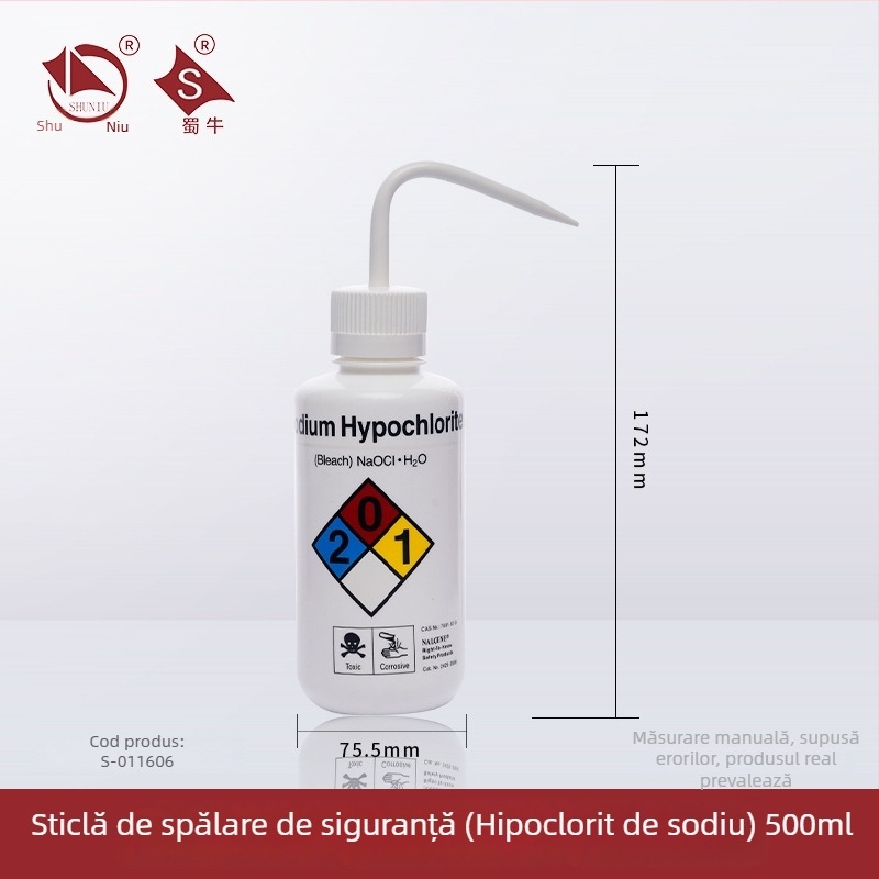 Sticlă de spălat din plastic cu robinet curbat și conductă laterală, sticlă de laborator 250/500/1000 ml