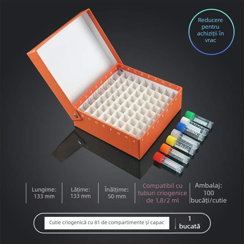 Cutie de criogenare din hârtie, 81 de poziții, capac rabatabil, impermeabilă, pentru tuburi de centrifugare de 5 ml, 1,8 ml, 1,5 ml și 2 ml.