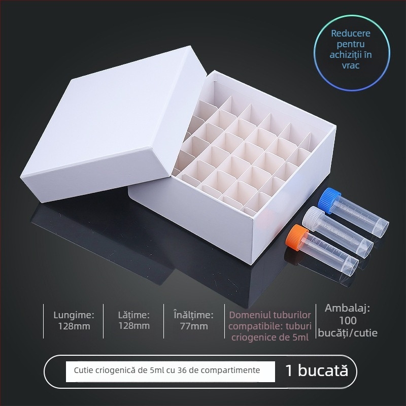 Cutie de criogenare din hârtie, 81 de poziții, capac rabatabil, impermeabilă, pentru tuburi de centrifugare de 5 ml, 1,8 ml, 1,5 ml și 2 ml.