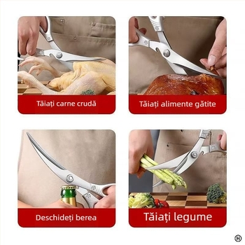 Foarfece de bucătărie din oțel inoxidabil – robuste pentru oase de pui, potrivite pentru grătar, pentru carne crudă și gătită, foarfece multifuncționale pentru steak