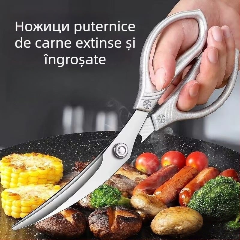 Foarfece de bucătărie din oțel inoxidabil – robuste pentru oase de pui, potrivite pentru grătar, pentru carne crudă și gătită, foarfece multifuncționale pentru steak