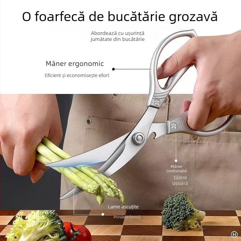 Foarfece de bucătărie din oțel inoxidabil – robuste pentru oase de pui, potrivite pentru grătar, pentru carne crudă și gătită, foarfece multifuncționale pentru steak