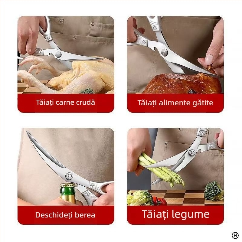 Foarfece de bucătărie din oțel inoxidabil – robuste pentru oase de pui, potrivite pentru grătar, pentru carne crudă și gătită, foarfece multifuncționale pentru steak