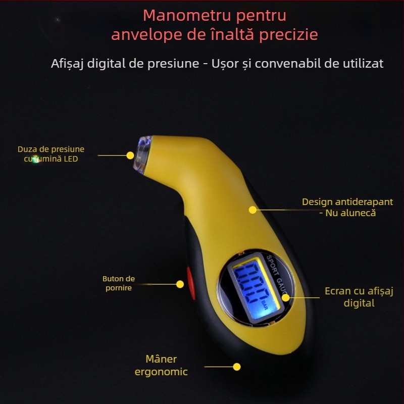 Manometru pentru pneuri auto, stil pistol, cu afișaj digital de înaltă precizie