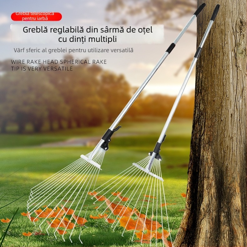 Greblă pentru frunze și iarbă, cu tijă extensibilă și dinți din oțel