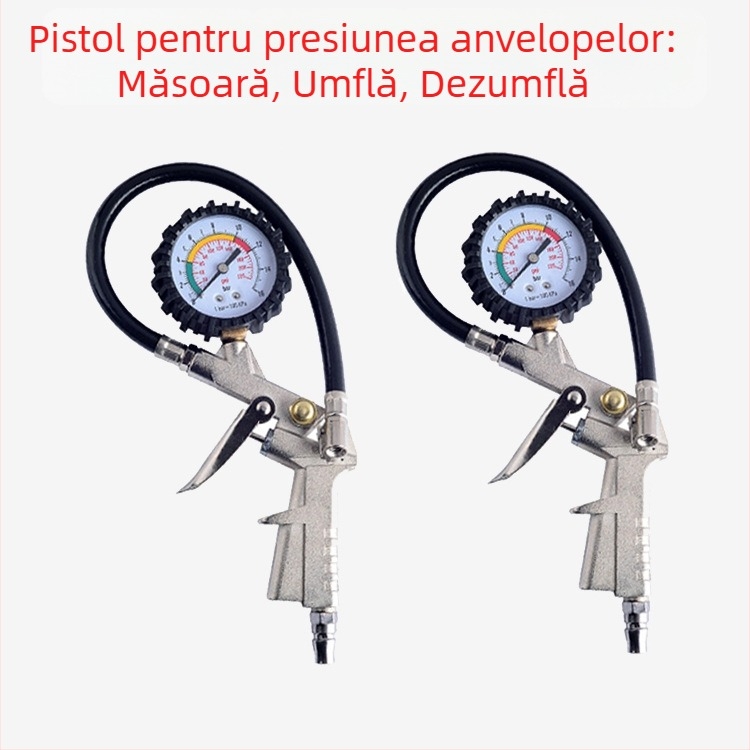 Pistol de umflat pneuri trei în unu, cu manometru și duză de umflare