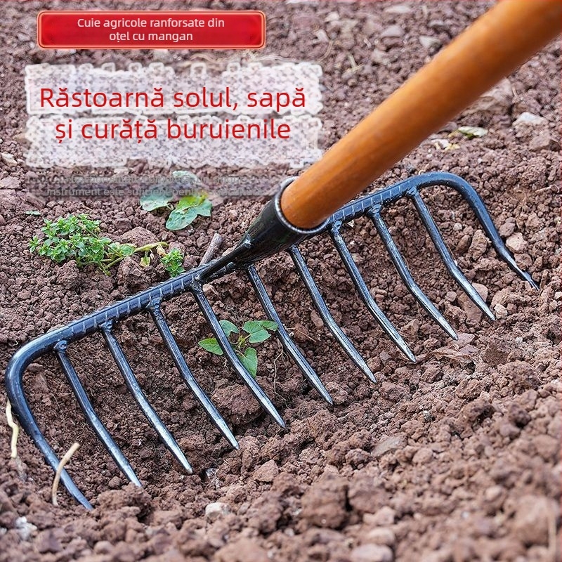 Greblă de grădină din fier cu nouă dinți pentru nivelarea și afânarea solului – unealtă multifuncțională pentru iarbă și întoarcerea solului
