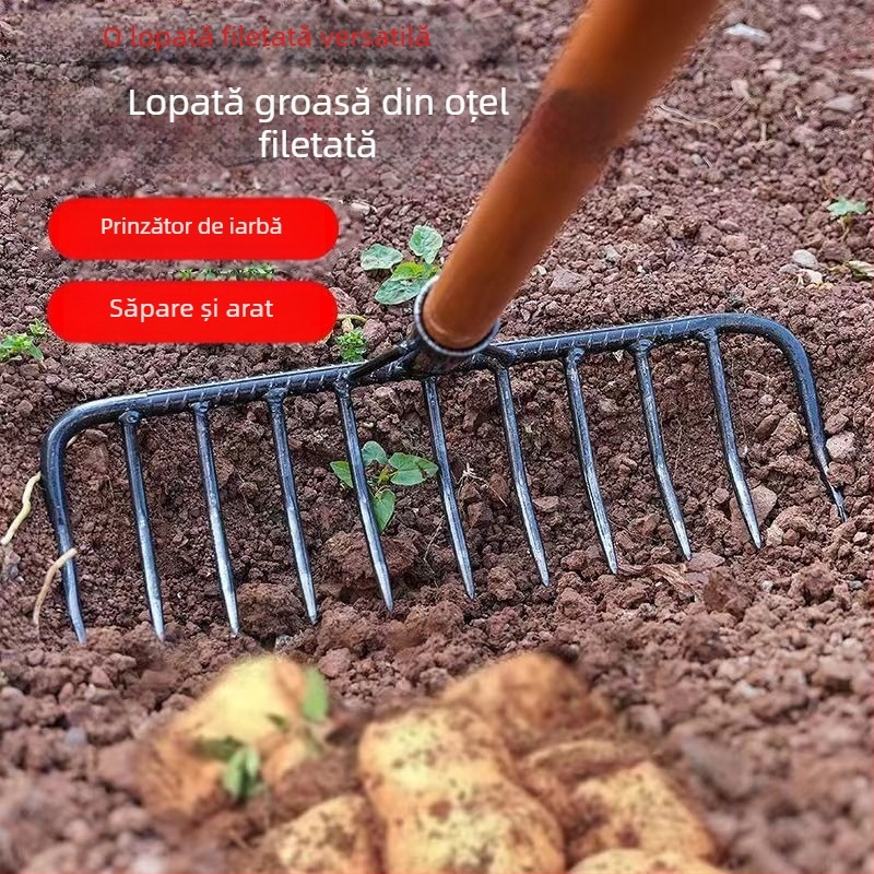 Greblă de grădină din fier cu nouă dinți pentru nivelarea și afânarea solului – unealtă multifuncțională pentru iarbă și întoarcerea solului