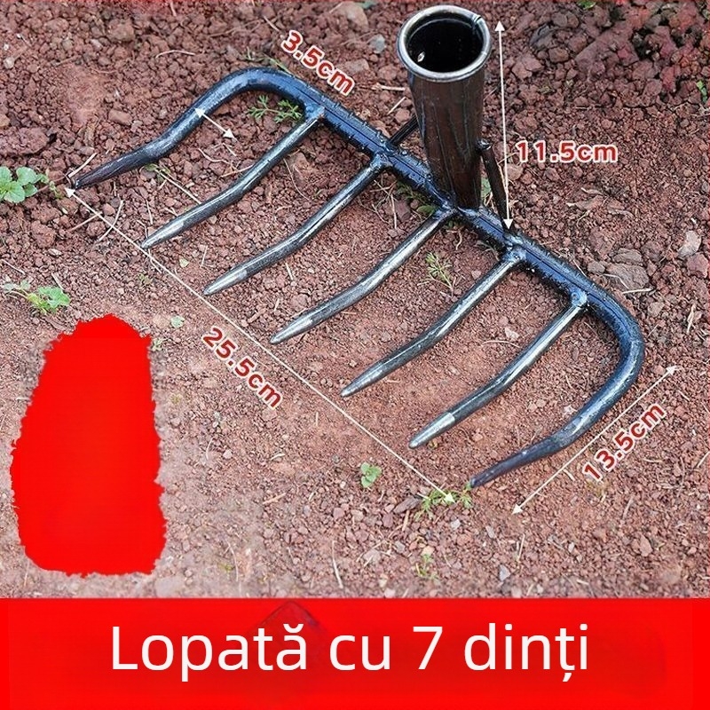 Greblă de grădină din fier cu nouă dinți pentru nivelarea și afânarea solului – unealtă multifuncțională pentru iarbă și întoarcerea solului