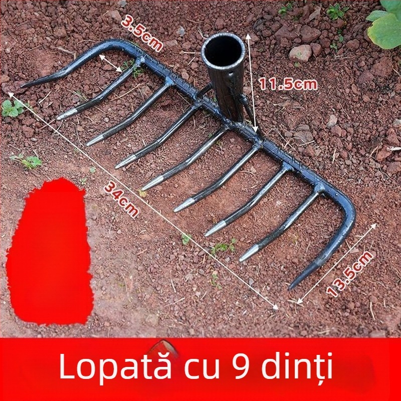 Greblă de grădină din fier cu nouă dinți pentru nivelarea și afânarea solului – unealtă multifuncțională pentru iarbă și întoarcerea solului