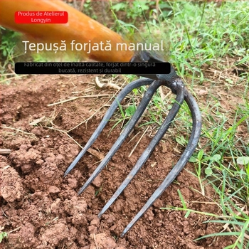Grebă forjată cu dinți rotunzi, greblă din fier cu patru dinți pentru arat și afânarea solului în grădina de legume