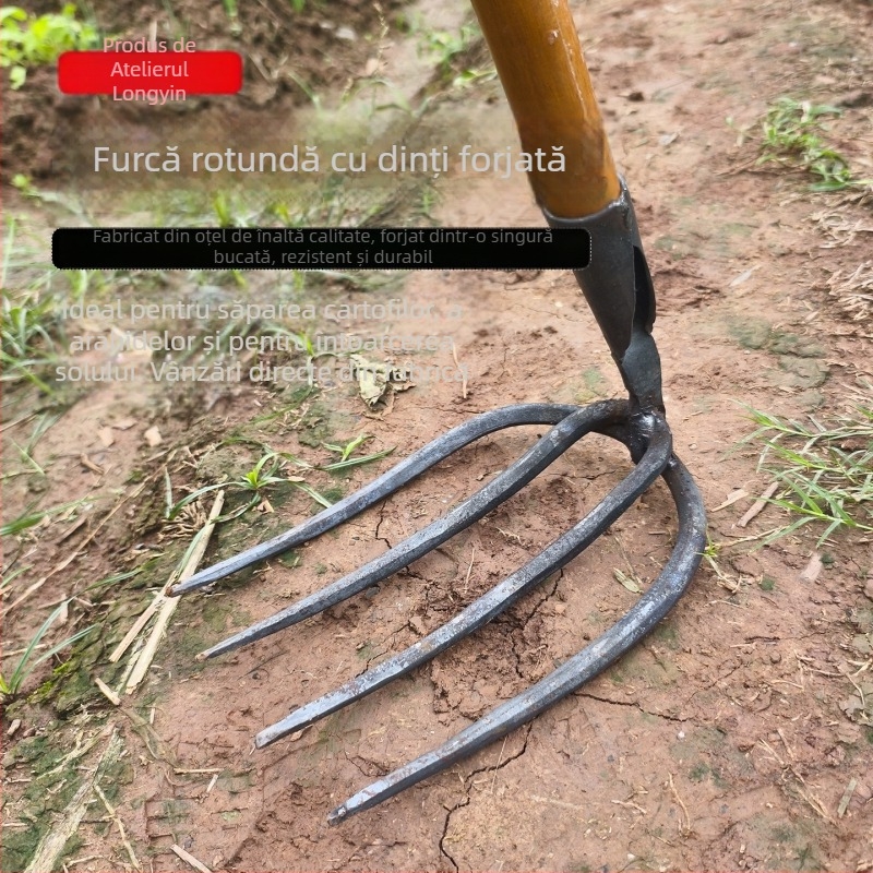 Grebă forjată cu dinți rotunzi, greblă din fier cu patru dinți pentru arat și afânarea solului în grădina de legume