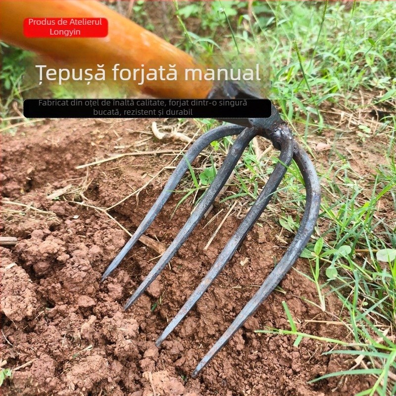 Grebă forjată cu dinți rotunzi, greblă din fier cu patru dinți pentru arat și afânarea solului în grădina de legume