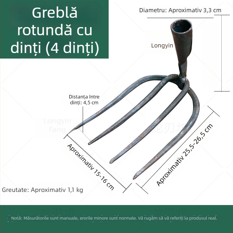 Grebă forjată cu dinți rotunzi, greblă din fier cu patru dinți pentru arat și afânarea solului în grădina de legume