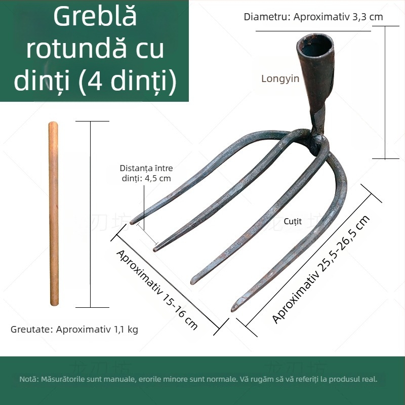 Grebă forjată cu dinți rotunzi, greblă din fier cu patru dinți pentru arat și afânarea solului în grădina de legume