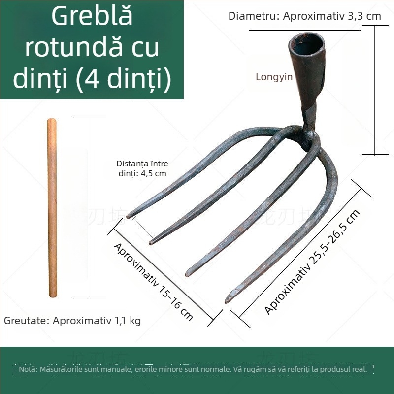 Grebă forjată cu dinți rotunzi, greblă din fier cu patru dinți pentru arat și afânarea solului în grădina de legume