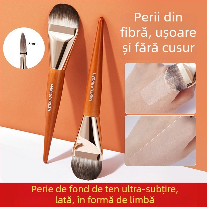 Gecomo pensulă pentru fond de ten ultra-subțire, formă linguală lată, concealer integrat, cap plat, peri moi, mâner din lemn, lungime 16,5 cm