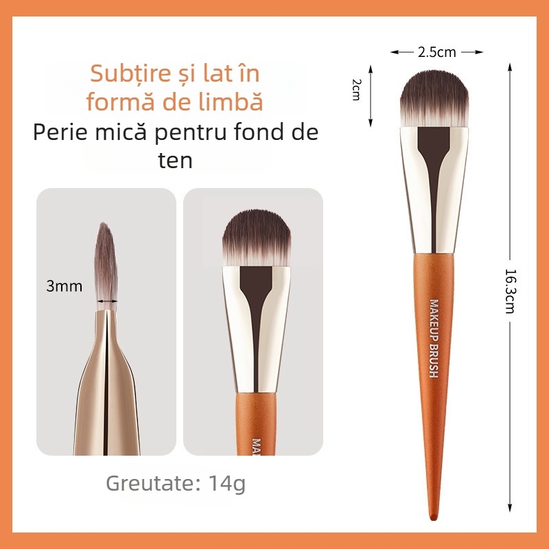 Gecomo pensulă pentru fond de ten ultra-subțire, formă linguală lată, concealer integrat, cap plat, peri moi, mâner din lemn, lungime 16,5 cm