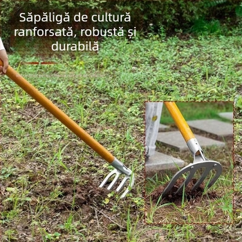 Greblă de grădină din oțel mangan cu patru dinți, mâner lung, pentru afânarea solului și întreținerea gazonului