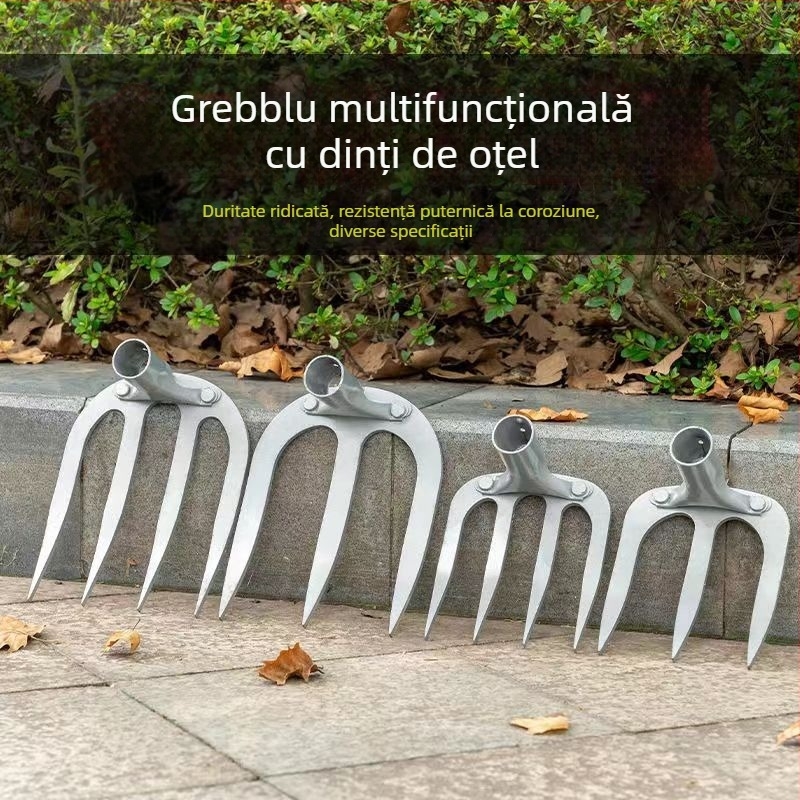 Greblă de grădină din oțel mangan cu patru dinți, mâner lung, pentru afânarea solului și întreținerea gazonului
