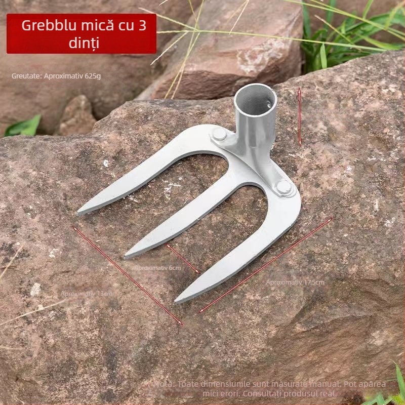 Greblă de grădină din oțel mangan cu patru dinți, mâner lung, pentru afânarea solului și întreținerea gazonului