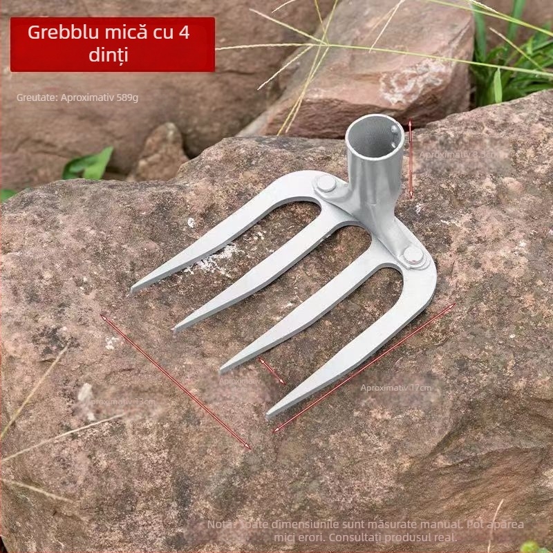 Greblă de grădină din oțel mangan cu patru dinți, mâner lung, pentru afânarea solului și întreținerea gazonului