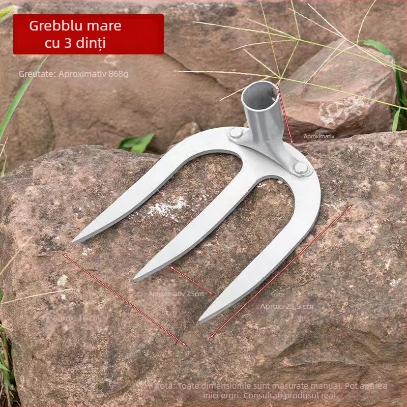 Greblă de grădină din oțel mangan cu patru dinți, mâner lung, pentru afânarea solului și întreținerea gazonului