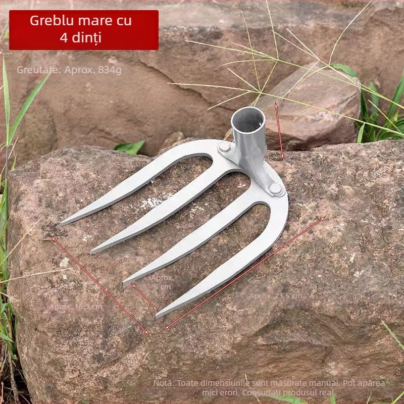 Greblă de grădină din oțel mangan cu patru dinți, mâner lung, pentru afânarea solului și întreținerea gazonului