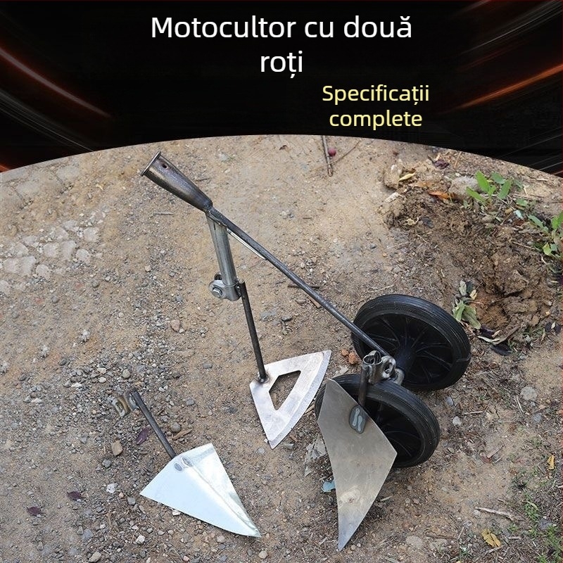 Unealtă de grădină motorizată trei în unu, cu două roți, pentru plivit, afânarea solului, săparea canelurilor și curățarea terenului