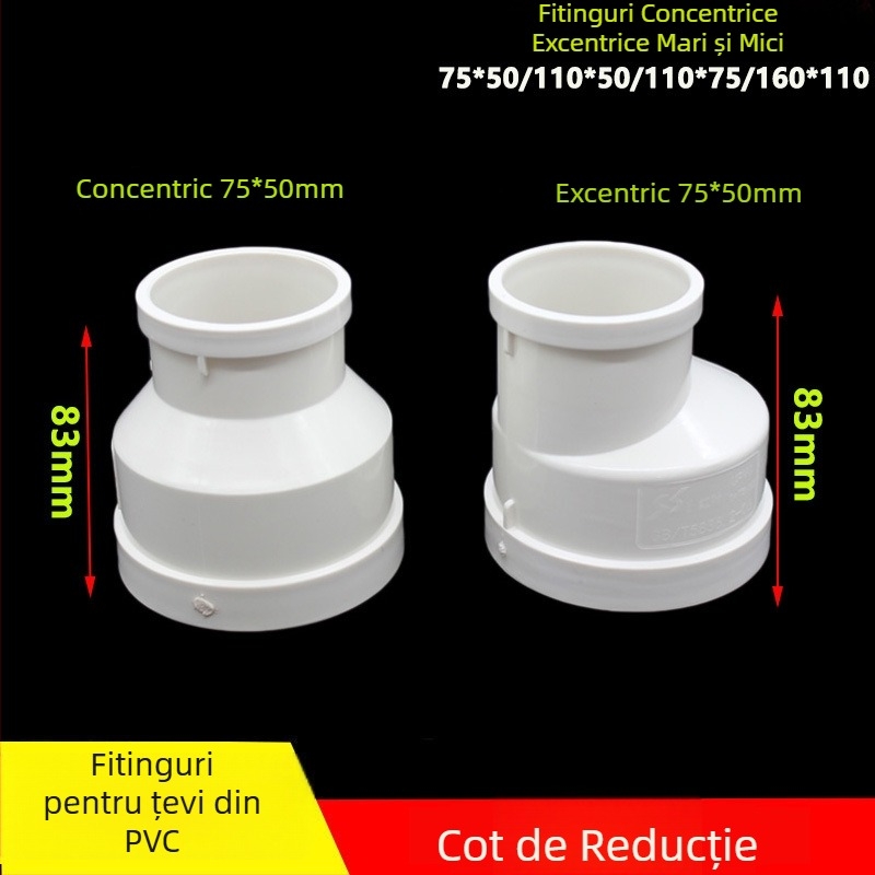 Cot PVC reductibil pentru canalizare, 75→50 și 200→110, concentric și excentric
