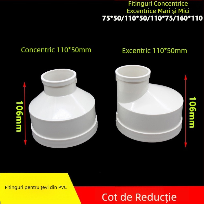 Cot PVC reductibil pentru canalizare, 75→50 și 200→110, concentric și excentric