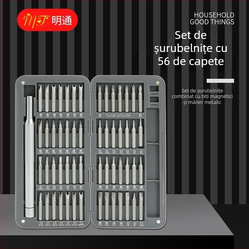 Set de șurubelnițe manual pentru uz casnic, 56 de piese, cu biti în cruce și în formă de U și cu biti de formă specială