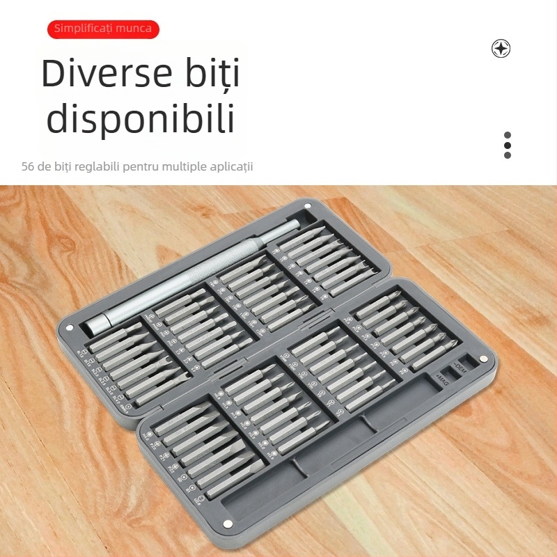 Set de șurubelnițe manual pentru uz casnic, 56 de piese, cu biti în cruce și în formă de U și cu biti de formă specială