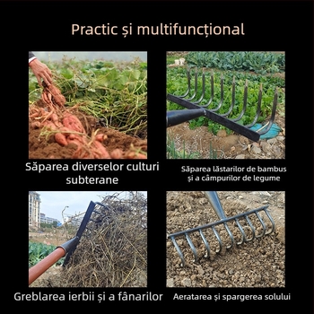 Greblă agricolă cu dinți pentru afânarea și întoarcerea solului, unealtă multifuncțională pentru buruieni, robustă, rezistentă la rugină