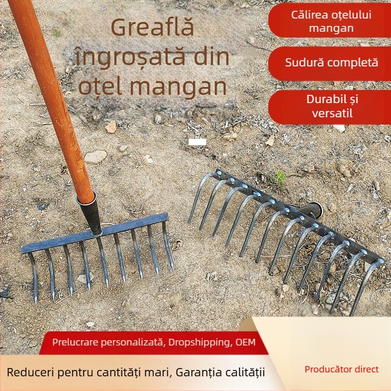 Greblă agricolă cu dinți pentru afânarea și întoarcerea solului, unealtă multifuncțională pentru buruieni, robustă, rezistentă la rugină