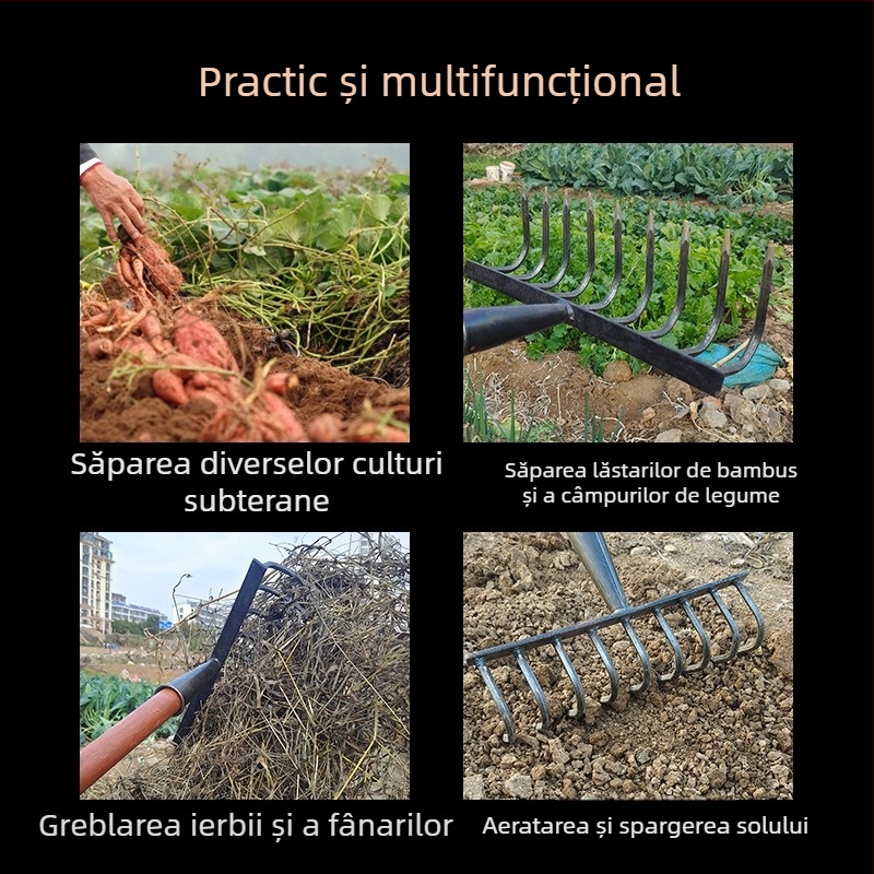Greblă agricolă cu dinți pentru afânarea și întoarcerea solului, unealtă multifuncțională pentru buruieni, robustă, rezistentă la rugină