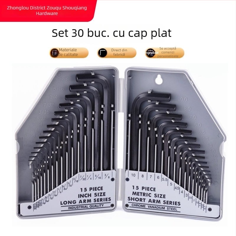 Set de 30 piese chei hexagonale cu cap plat extins, metrice și inci, finisaj negru lucios, în formă de L, din oțel crom-vanadiu