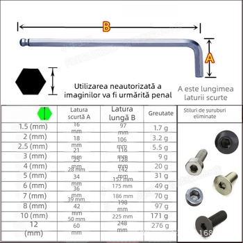 Cheie hexagonală extinsă, vârf cu bilă și vârf plat, în formă de L, extra-lungă, nichelată, dimensiuni 2–12 mm