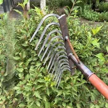 Greblă din oțel cu dinți multipli, mangan din oțel, multifuncțională, pentru afânarea solului și curățarea ierbii, dinți forjați, design plat