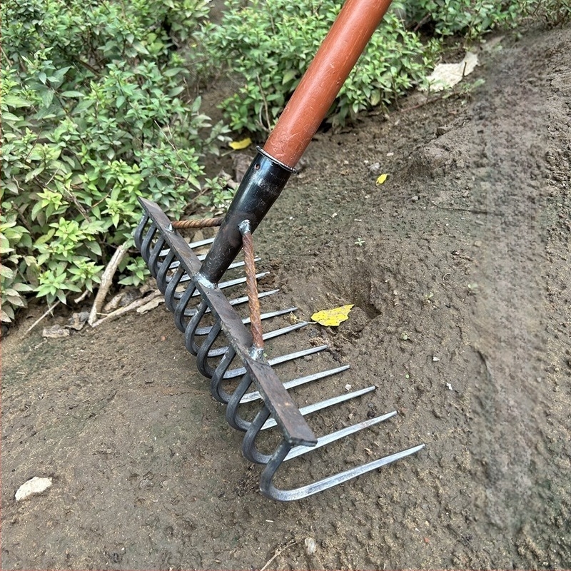 Greblă din oțel cu dinți multipli, mangan din oțel, multifuncțională, pentru afânarea solului și curățarea ierbii, dinți forjați, design plat